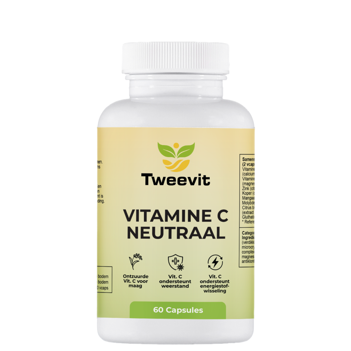 Tweevit Vitamine C Neutraal pot met 60 capsules – ontzuurde vitamine C formule, mild voor de maag, ondersteunt weerstand en energiestofwisseling